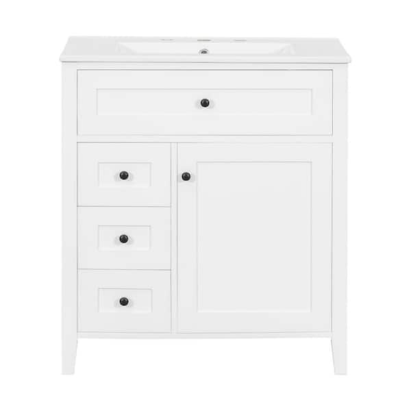 30 in. Freestanding White Bath Vanity with White Ceramic Top 3 Drawers and Adjustable Shelf