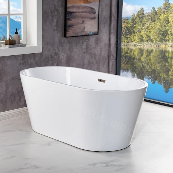54 in. L X 29.5 in. W Acrylic FlatBottom Double Ended Soaking Bathtub in White with Brushed Nickel Overflow and Drain