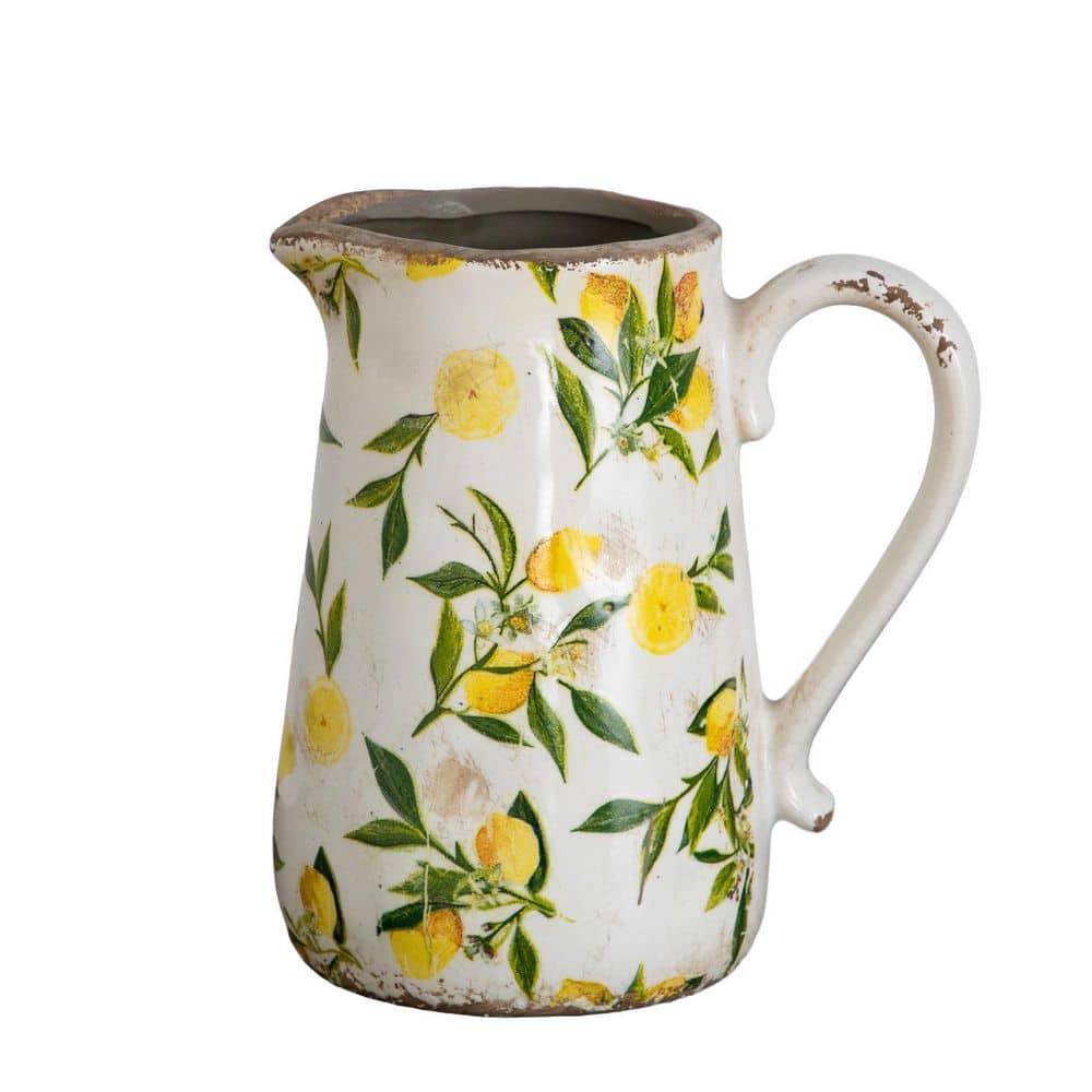 9 in. Yellow Lemon Print Ceramic Pitcher Rustic Jug Vase price history on PriceWatchPro
