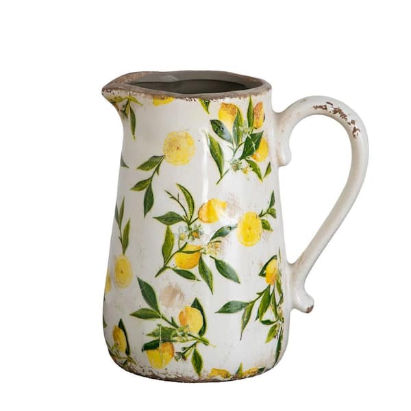 9 in. Yellow Lemon Print Ceramic Pitcher Rustic Jug Vase