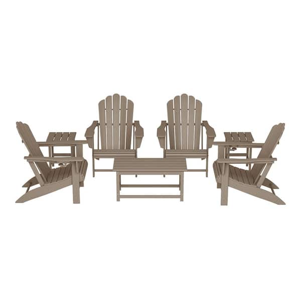 Aderson Weathered Wood 7-Piece All Weather Fade Resistant Outdoor Plastic Adirondack Chair Patio Conversation Lounge Set