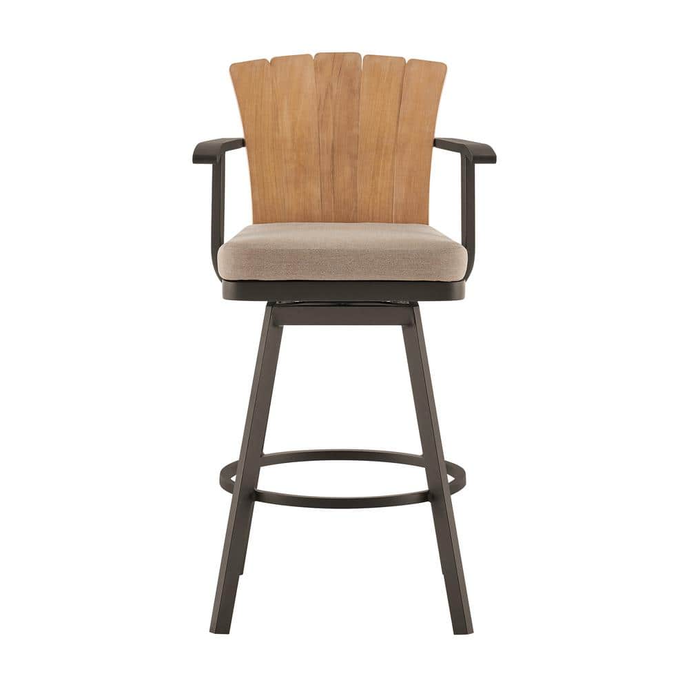Hazel Bar Height Swivel Teak Outdoor Bar Stool with Brown Cushion