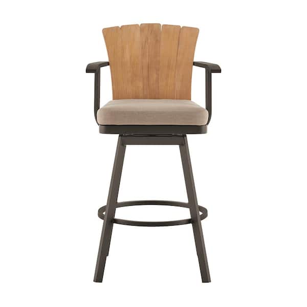Armen Living Hazel Bar Height Swivel Teak Outdoor Bar Stool with Brown Cushion
