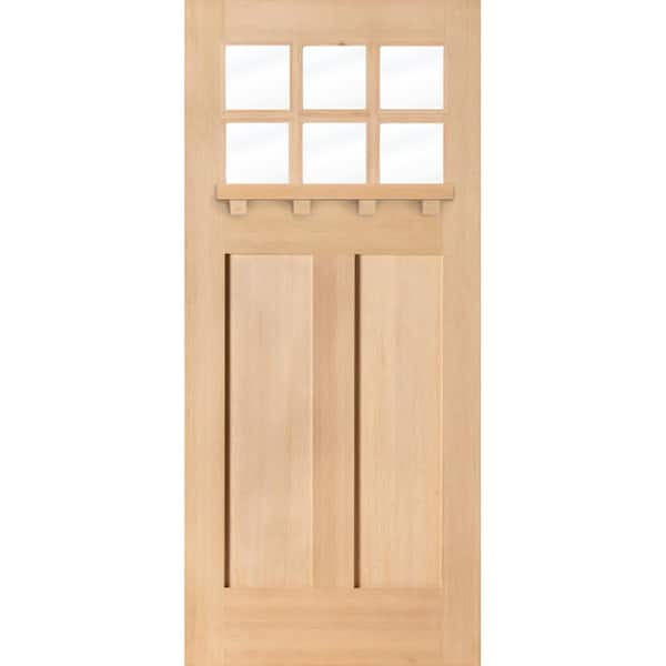 Krosswood Doors 36 in. x 80 in. Craftsman Universal Handing 6 Lite Clear Glass Unstained Hemlock Wood Front Door Slab with Dentil Shelf