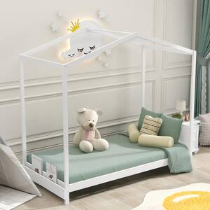 White Wood Twin House Platform Bed with Headboard and Roof, Floor Toddler Kids House Canopy Bed Frame