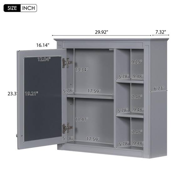 EPOWP 29.92 in. W x 28 in. H Rectangular MDF Medicine Cabinet with Mirror and Open Shelf in Gray