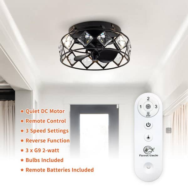 Parrot Uncle 12.2 in. Indoor 3-Light Modern Black Caged Crystal Flush Mount  Ceiling Fan with Light and Remote Control F8271110V