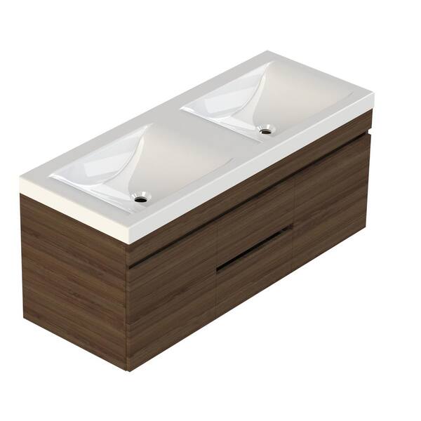 LIFT BRIDGE KITCHEN & BATH Viteli + Siena 48 in. W x 19 in. D x 29 in. H Bath Vanity in Walnut with Cultured Marble Dual Basin Vanity Top in White