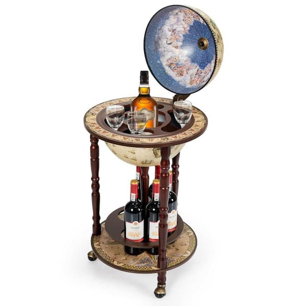 Brown 17 in. Wood Globe Wine Bar Stand 16th Century Italian Rack Liquor Bottle Shelf Cart 6 Bottle