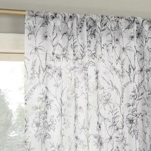 Ambree Vintage Floral Black/White Polyester 51 in. W x 63 in. L Rod Pocket Sheer Curtain (Single Panel)