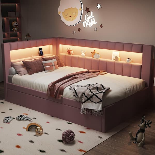 Pink Twin Size Wood Frame Linen Upholstered Daybed with Twin Trundle, Light Storage Headboard, USB Charging Ports