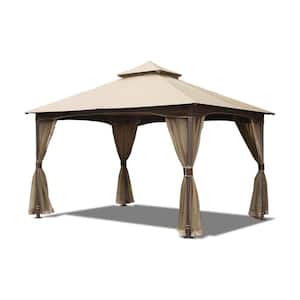 10 ft. x 13 ft. Khaki Metal Double Roof Soft Top Outdoor Gazebo with Mosquito Netting for Deck Backyard Garden Lawn