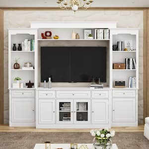 4-Piece White Wood Entertainment Center TV Stand with Tempered Glass Door TV Console, Bookshelves for TVs up to 57 in.