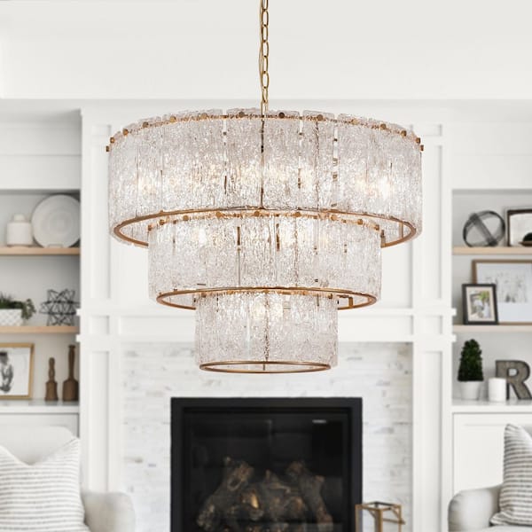8-Light Distressed Gold 3-Tiered Chandelier Light Fixture with Glass Shade