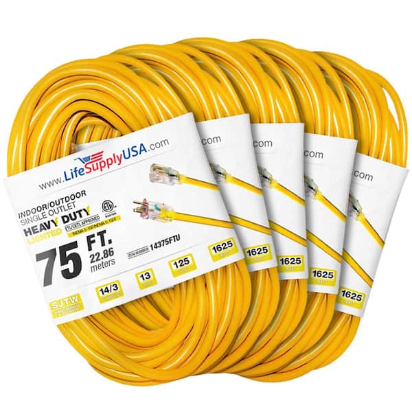 LifeSupplyUSA 75 ft. 14-Gauge/3-Conductors SJTW 13 Amp Indoor/Outdoor Extension Cord with Lighted End Yellow (5-Pack)
