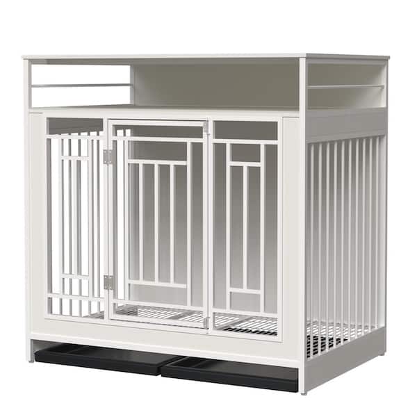 43. 3in. White Wooden Large Dog Crate with Lockable Door with Storage Drawers and Shelves