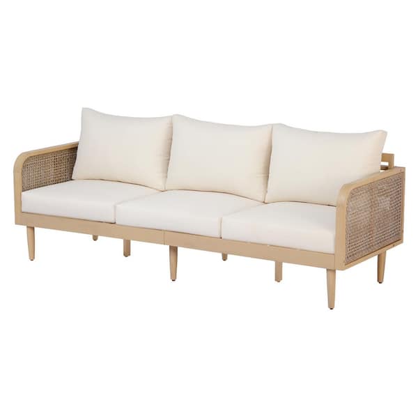 Dalmor Light Teak Acacia Wood Patio 3 Seater Sofa Outdoor Couch with Beige Cushions and Woven Rattan Armrests