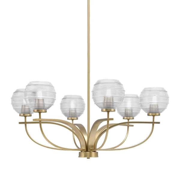 Unbranded Olympia 6 Light, Uplight, Chandelier, New Age Brass Finish, 6 in. Clear Ribbed Glass