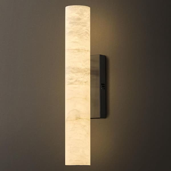 Gleam Flare 1-Light 20" Modern Black LED Alabaster Wall Sconce, Cylinder Natural Marble Wall Light for Living Room, Bedroom, Hallway