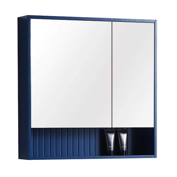FINE FIXTURES Venezian 28 in. W x 29.5 in. H Small Rectangular Navy Blue Wooden Surface Mount Medicine Cabinet with Mirror
