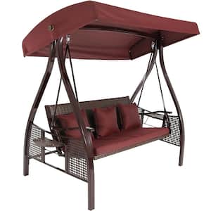 Deluxe Steel Frame Porch Swing with Maroon Cushion, Canopy and Side Tables
