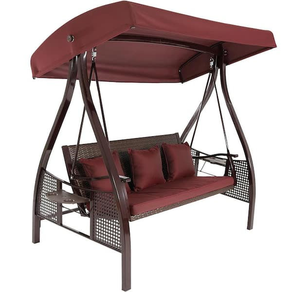 Sunnydaze Deluxe Steel Frame Porch Swing with Maroon Cushion, Canopy and Side Tables