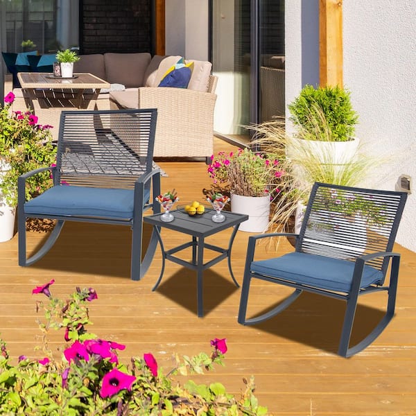 2-Person Outdoor Patio Metal Rocking Bistro Set with Table