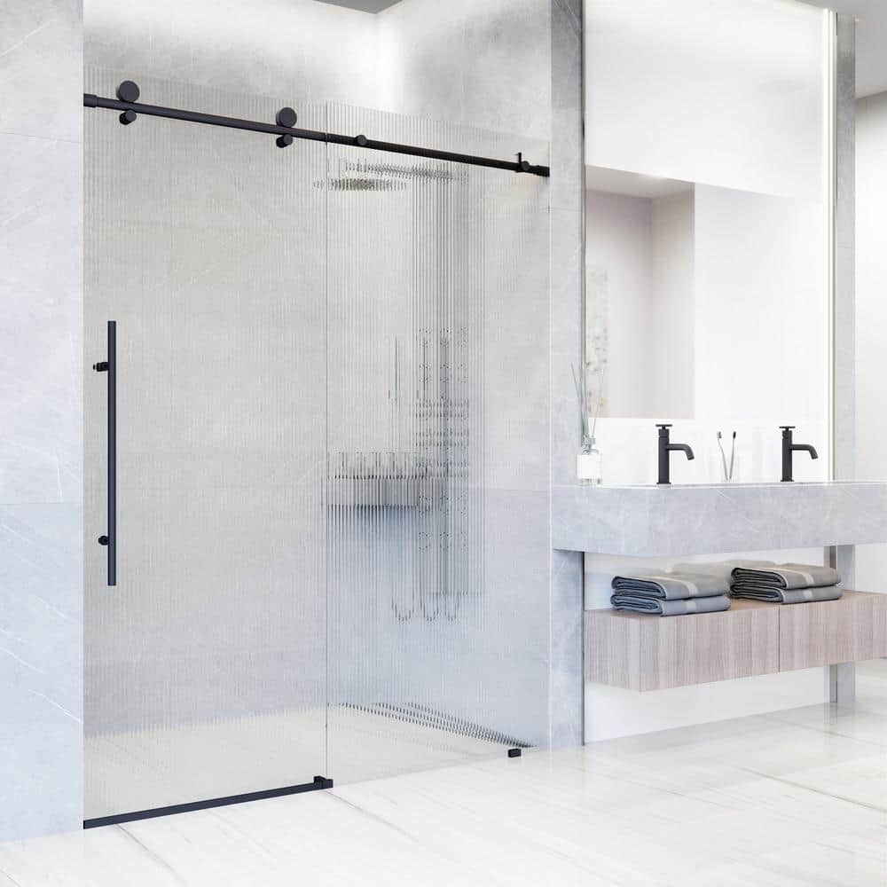 Matte Black Frameless Sliding Shower Door with Fluted Glass
