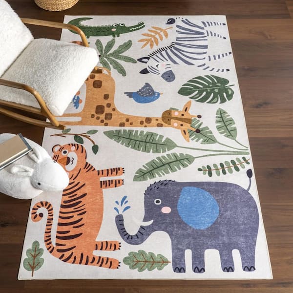 Debra Kids Spill Proof Washable Jungle Friends White Multicolor 5 ft. x 8 ft. Indoor Area Rug