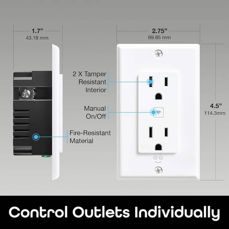 15A 120-Volt Self-Test Tamper Resistant Wifi Outlet White Color 2-Pack Wi-Fi Smart Wall Outlet with 2 Plugs Wireless App