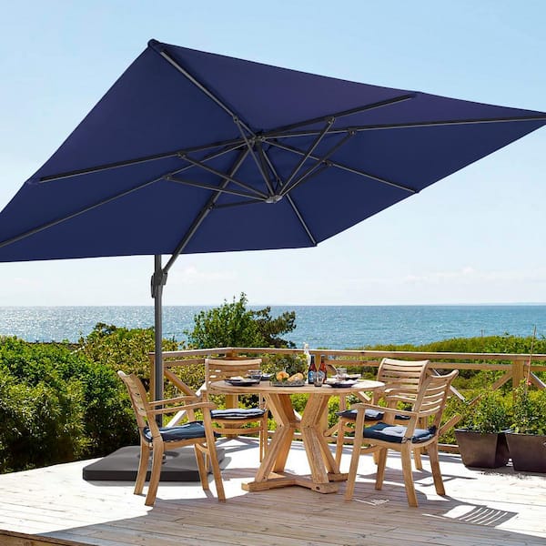 Sonkuki Navy Blue Premium 11.5 x 9 ft. Cantilever Patio Umbrella with a Base, 360° Rotation and Infinite Canopy Angle Adjustment