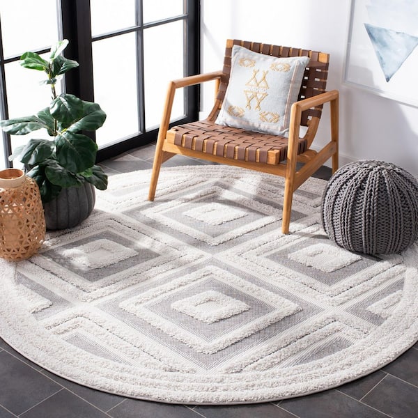Cottage Ivory/Gray 7 ft. x 7 ft. High-Low Diamond Indoor/Outdoor Round Area Rug