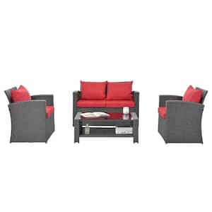 Dark Gray 4-Pieces Wicker Patio Conversation Sofa Set with Red Cushions PE rattan with Glass Coffee Table for Garden