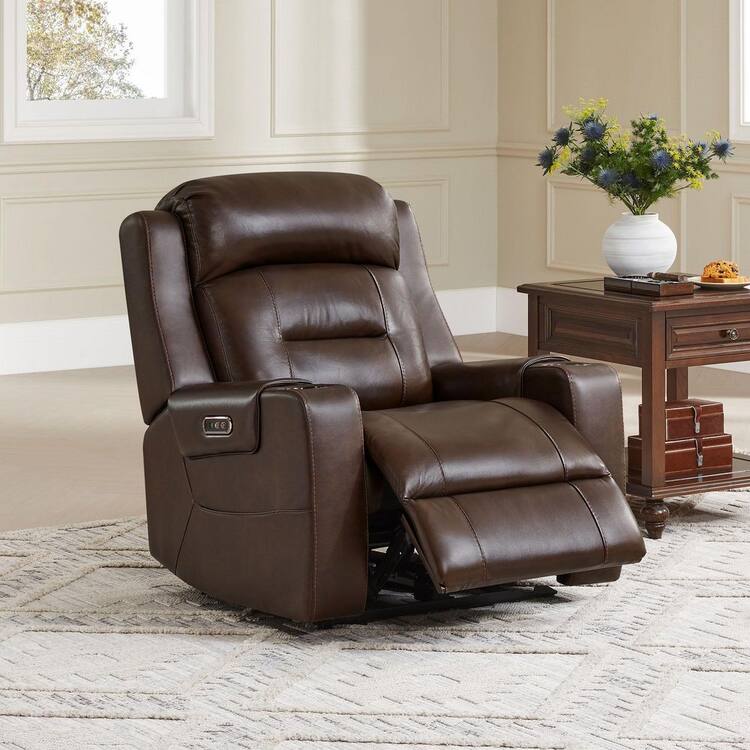 Spruce & Spring Finn Brown Genuine Leather Power Recliner Chair with Power Headrest, Pockets, Cup Holders and USB & Type-C Charging Port