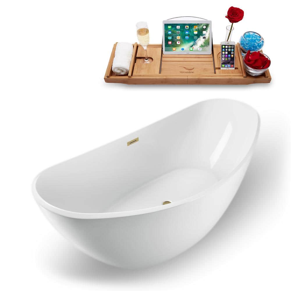 75" Glossy White Acrylic Freestanding Soaking Bathtub with Brushed Brass Drain