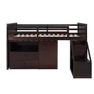 Modern Black Wooden Twin Size Loft Bed, Low Loft Bed Frame with Movable Portable Desk and Storage Steps for Kids