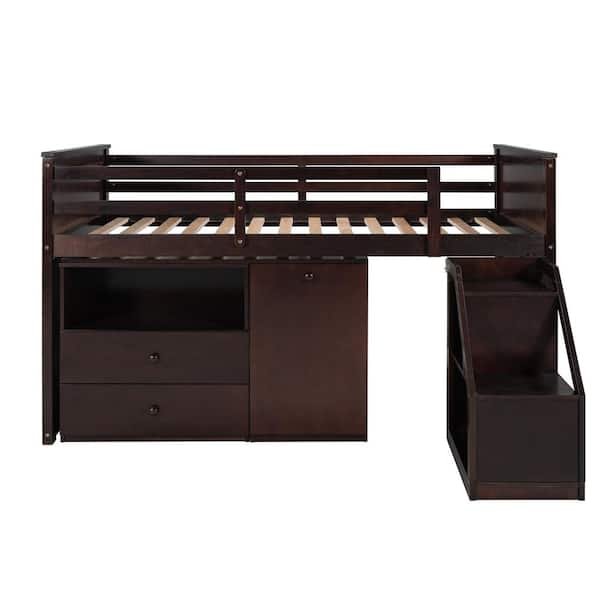 URTR Modern Black Wooden Twin Size Loft Bed, Low Loft Bed Frame with Movable Portable Desk and Storage Steps for Kids