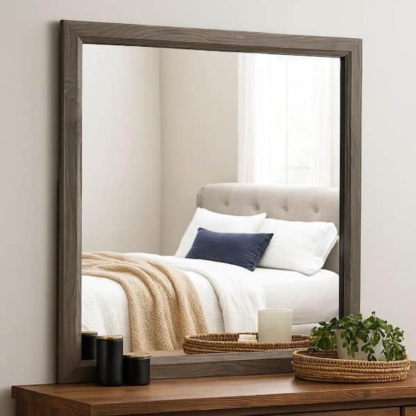 Benjara 46 in. W x 43 in. H Wooden Frame Gray Wall Mirror