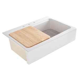 Josephine 34 in. Quick-Fit Drop-In Farmhouse Single Bowl White Fireclay Workstation Sink with Cutting Board and Grid