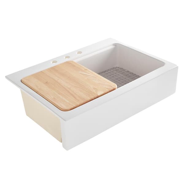 SINKOLOGY Josephine 34 in. Quick-Fit Drop-In Farmhouse Single Bowl White Fireclay Workstation Sink with Cutting Board and Grid