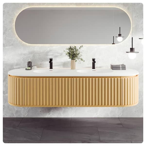 Haven 71 in. Double Sink Floating Natural Oak Bath Vanity with White Solid Surface Top (Assembled)