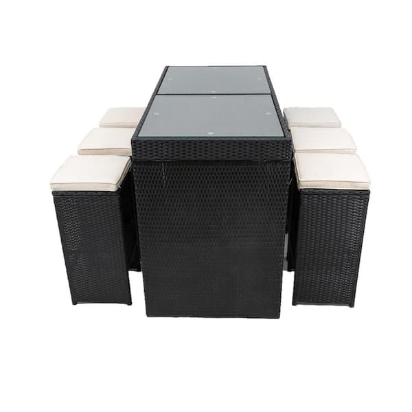 Tatayosi 7-Piece Patio Rattan Wicker Outdoor Serving Bar Set with 6 Stools Removeable Creme Cushions