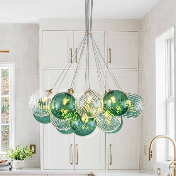 Alma 16-Light 25.6 in. W Brass Chandelier with Green Glass Twisted Glass Globe Shades for Living Room