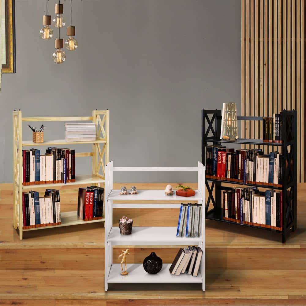 Modern Black Solid Wood 3-Shelf Stackable Bookcase with Doors