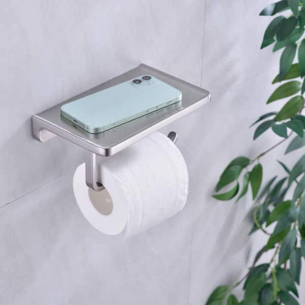 Double Roll Toilet Paper Holder with Phone Shelf - Bathroom Tissue Dispenser - Modern Style (Brushed Nickel)