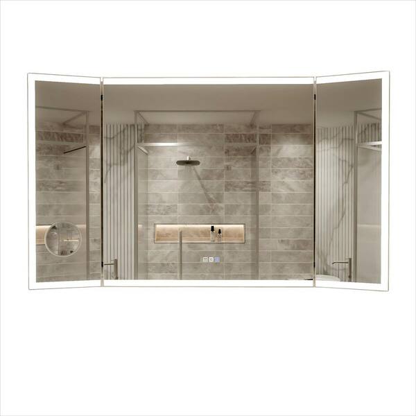 Hans 60 in. W x 36 in. H Rectangle Framed Three-Fold LED Dimmable Defog Wall Bathroom Vanity Mirror in Silver