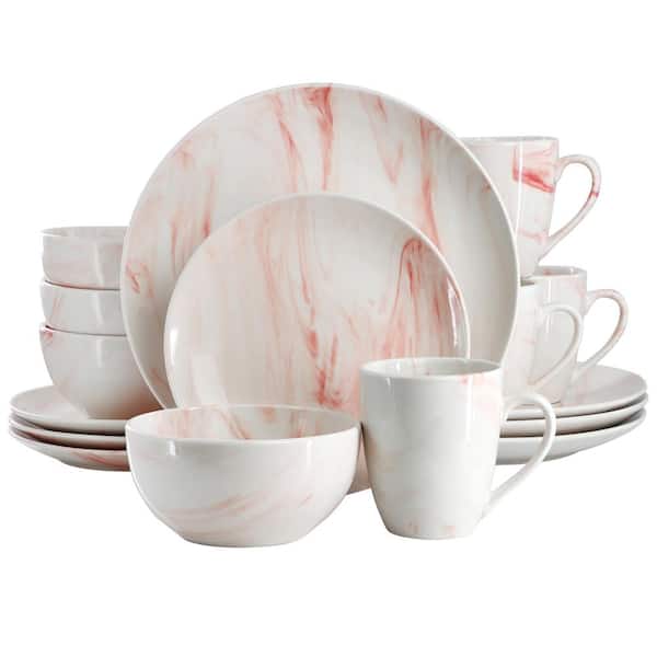 Elama Fine Marble 16-Piece Porcelain Dinnerware Set in Red