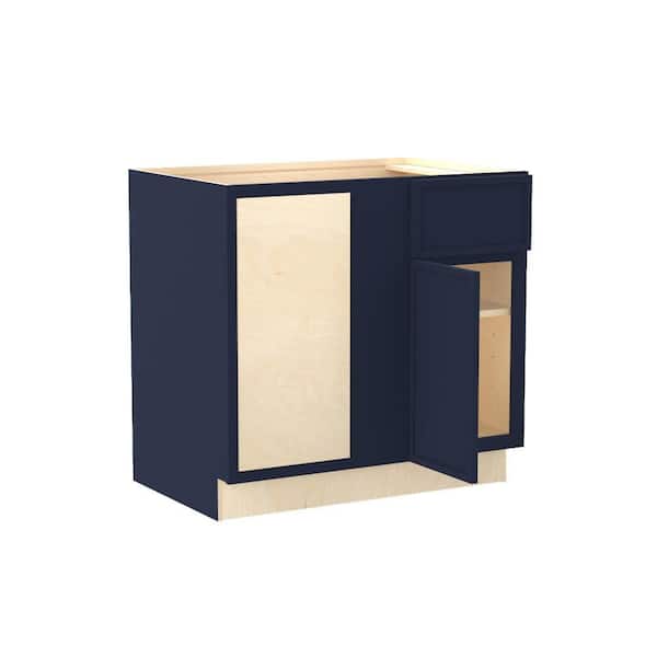 Franklin 36 in. W x 24 in. D x 34.5 in. H Assembled Plywood Base Blind Corner Kitchen Cabinet in Vessel Blue Soft Close