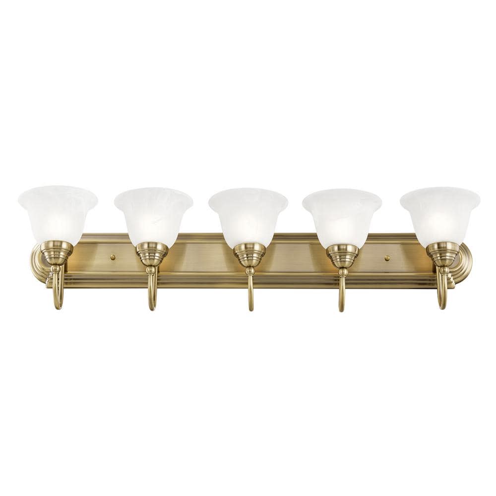 Antique Brass 36" 5-Light Vanity with Alabaster Glass