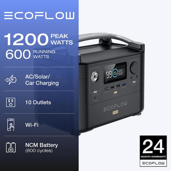 EcoFlow 600W Output/1200W Peak Push-Button Start Battery Generator